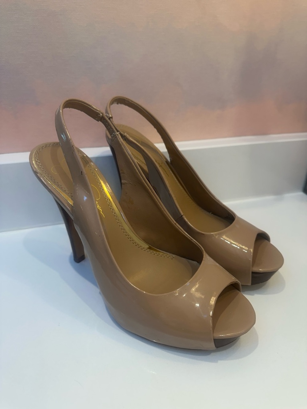 Jessica Simpson Nude Patent Peep-Toe Slingback Heels